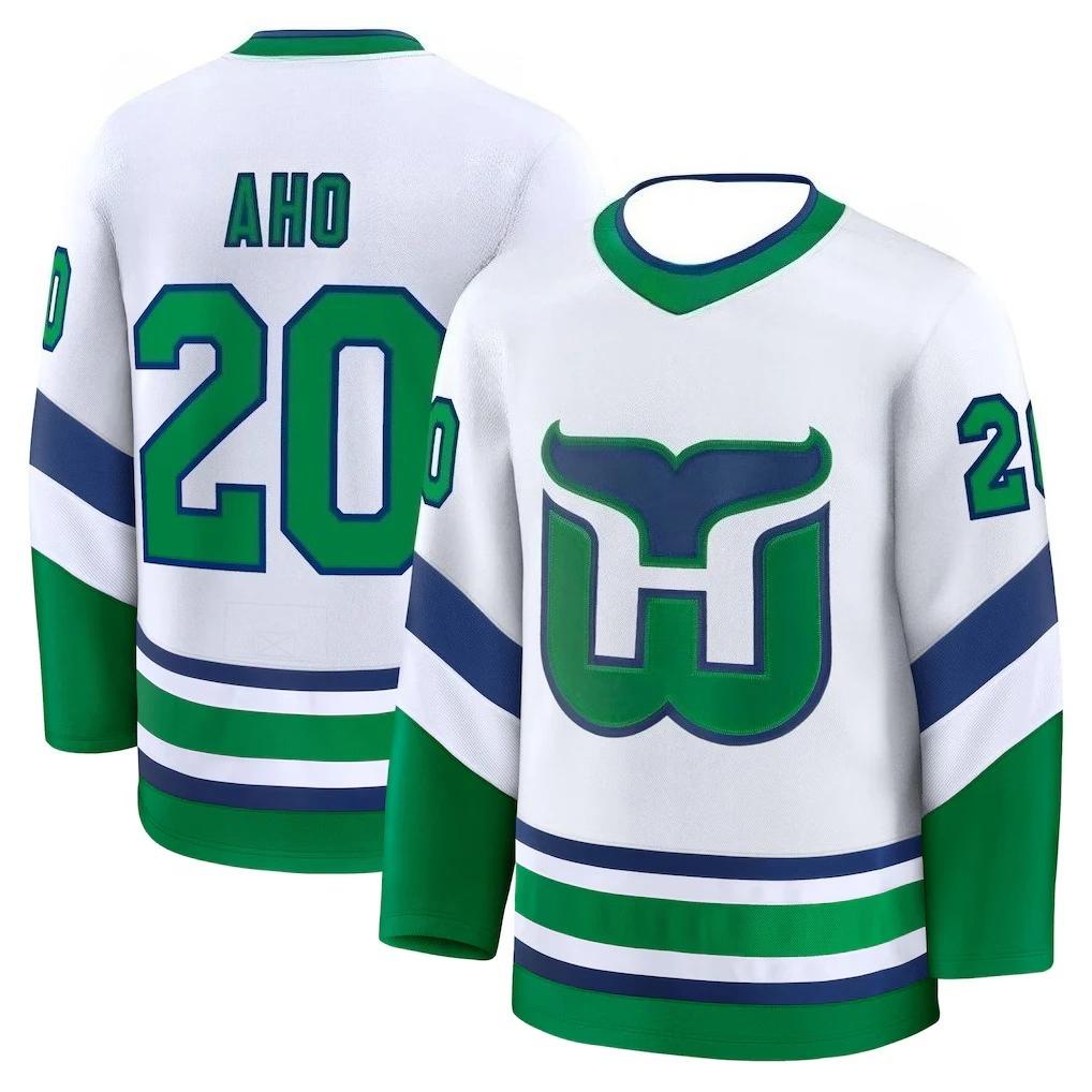 Hartford Whalers Hockey Jersey - White with Green & Blue Accents Aho 20 Whale W Logo Base Layer Shirts Long Sleeve V-neck T-shirt S