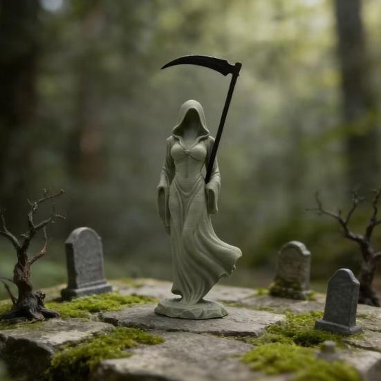 Figurina Gotica Falciatore con Falce da Tavolo Scultura Femminile Spettrale con Veste con Cappuccio per Decorazione Scaffale Scrivania Casa di Halloween