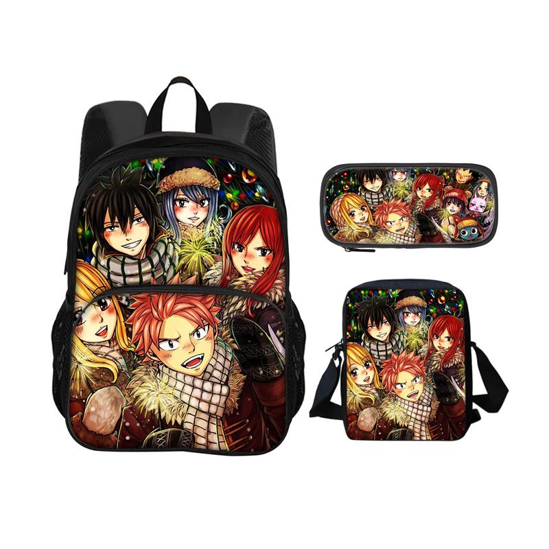 Fairy Tail Cartoon 3Pcs Set with Front Pocket Backpack+Shoulder Bags+Pencil Bag Student Boys and Girls Best Gift Stationery