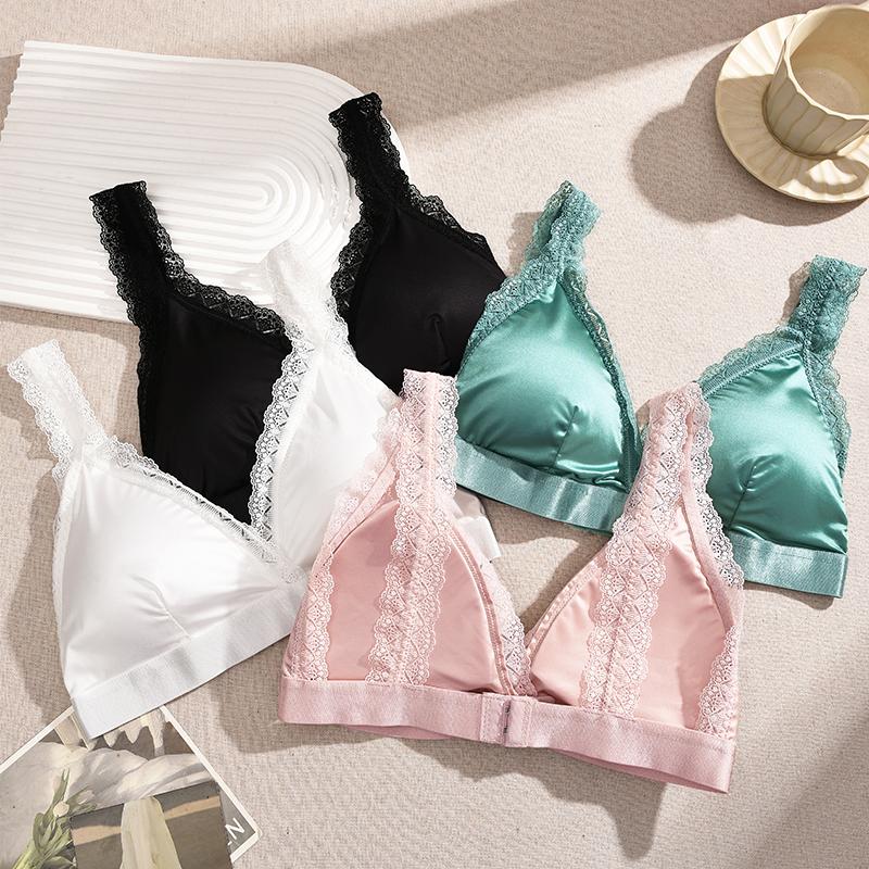 FINETOO 1Pcs Silk Lace Wireless French Triangle Cup Bralette Underwear Set Knitted Velvet Romantc Summer Thin Style Home Clothes