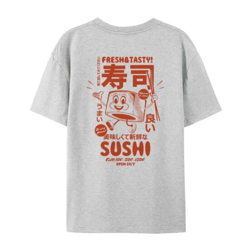Retro Sushi Back Print Japanese Food TShirts Women Cute Funny Graphic Tees Oversized Streetwear Clothes Unisex Fashion Top Gift