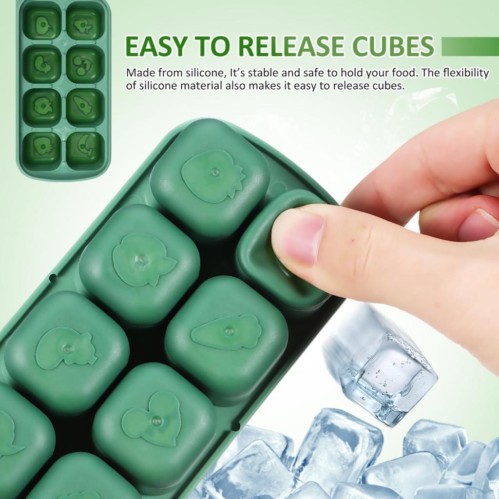 PRETYZOOM Silicone Ice Cube Tray with Lid, Easy Release Freezer Tray for Ice and Food Storage, 8-Cube Green Mold for Freezing Drinks, Juices, and