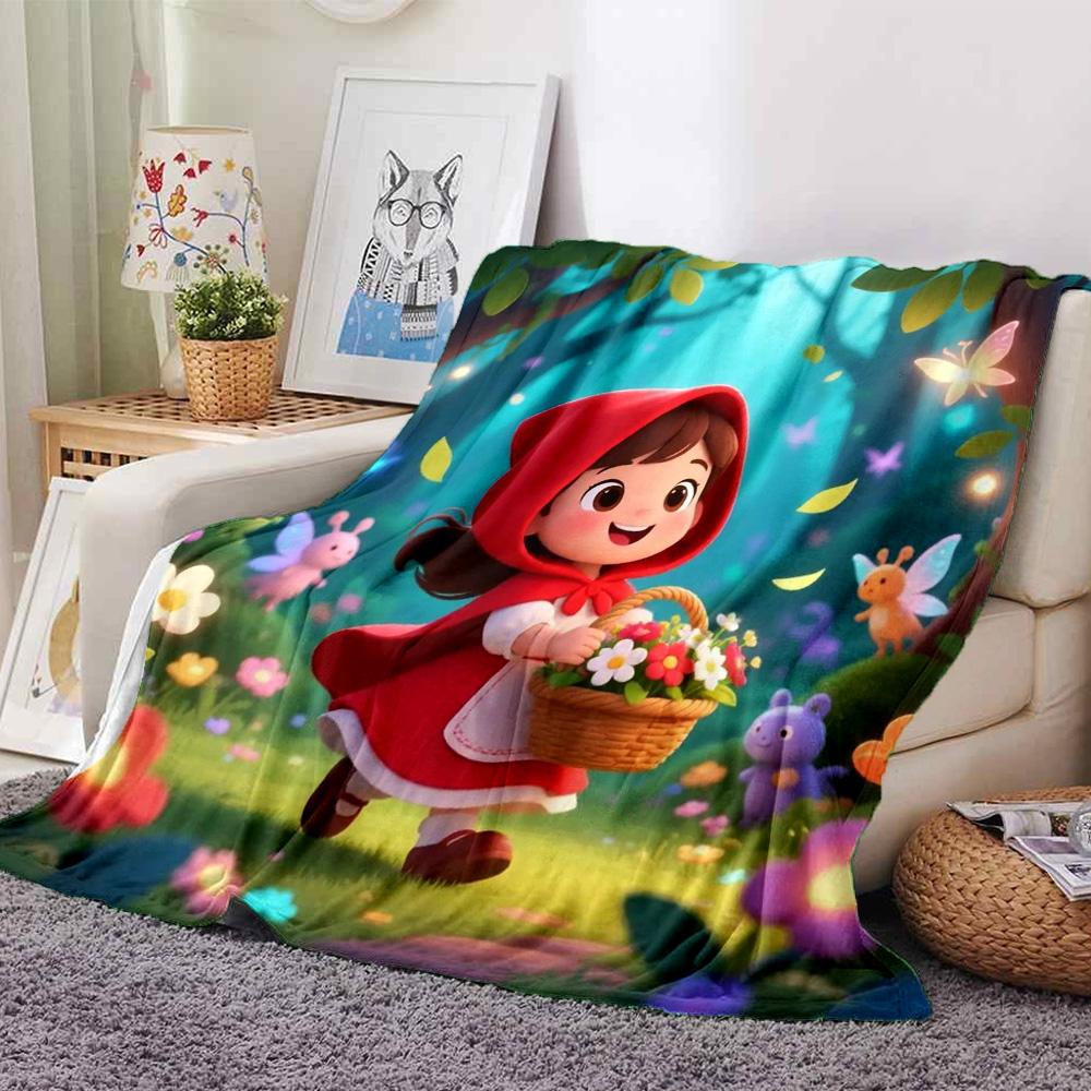 Cute Little Red Riding Hood Magic Forest Flower Elf Fairy Tale Print Flannel Blanket Soft Warm Throw Blanket For Sofa Bedroom