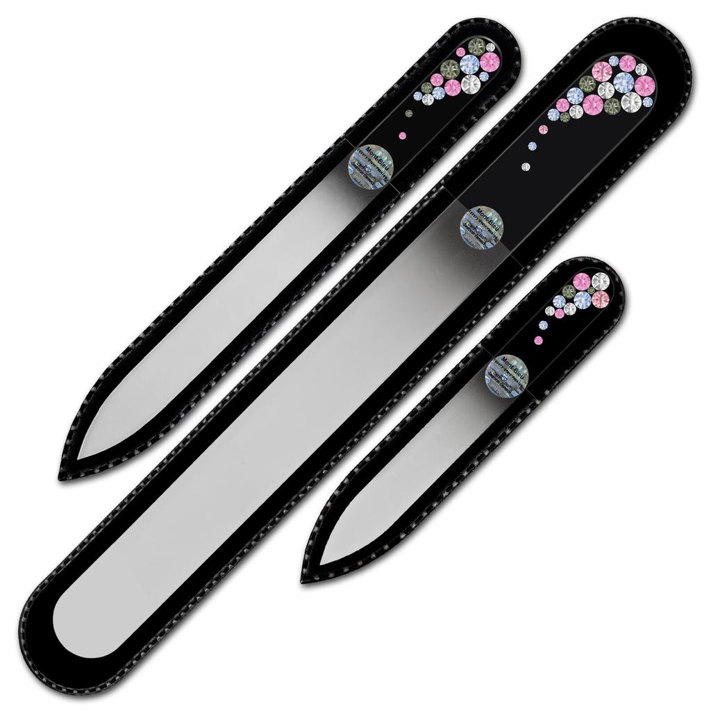Set mit 3 tschechischen Nagelfeilen aus schwarzem Glas mit Kristallen BB-BMS