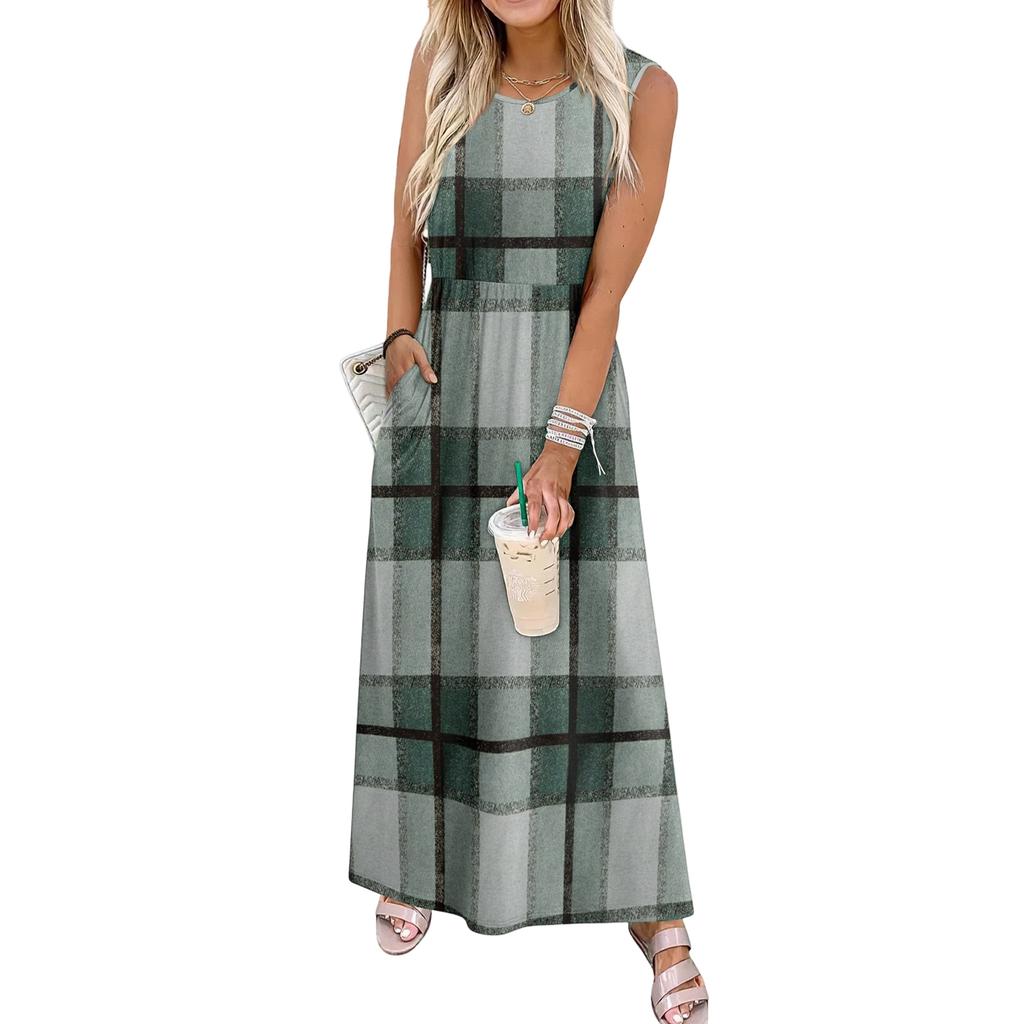 Ladies' Plaid Printed Casual and Fashionable Waist Cinched Sleeveless Dress