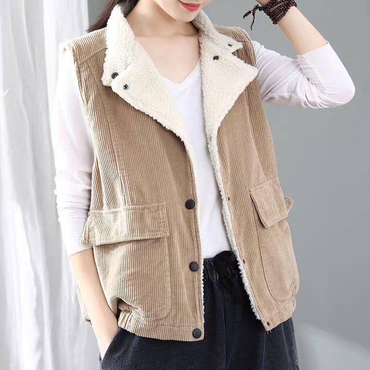 Vintage Corduroy Vest Women's Flocked Lapel Vest Plush Thick Vest Sleeveless Jacket Women's Fleece Vest