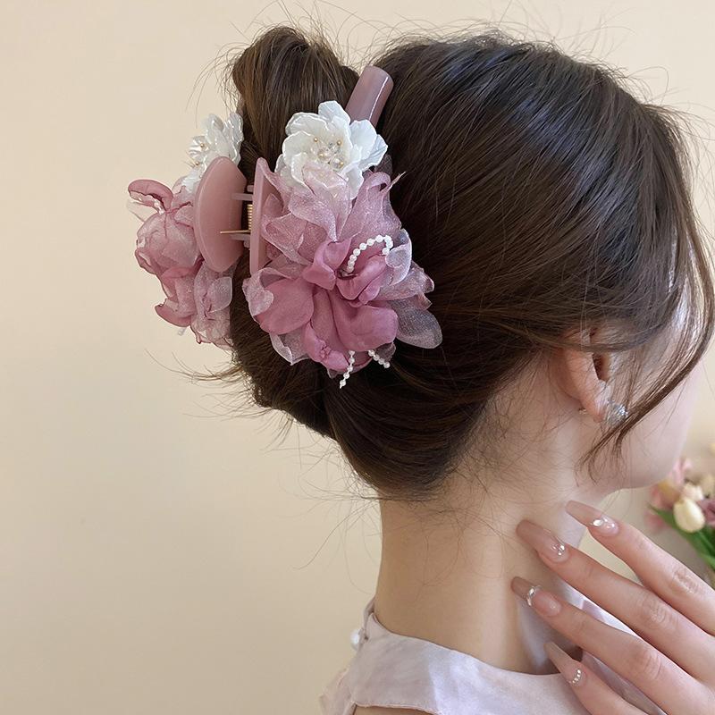 French Atmosphere Mesh Crystal Flower Hairpin Temperament Sweet Back Head Shark Clip Niche Versatile Hair Accessories Woman