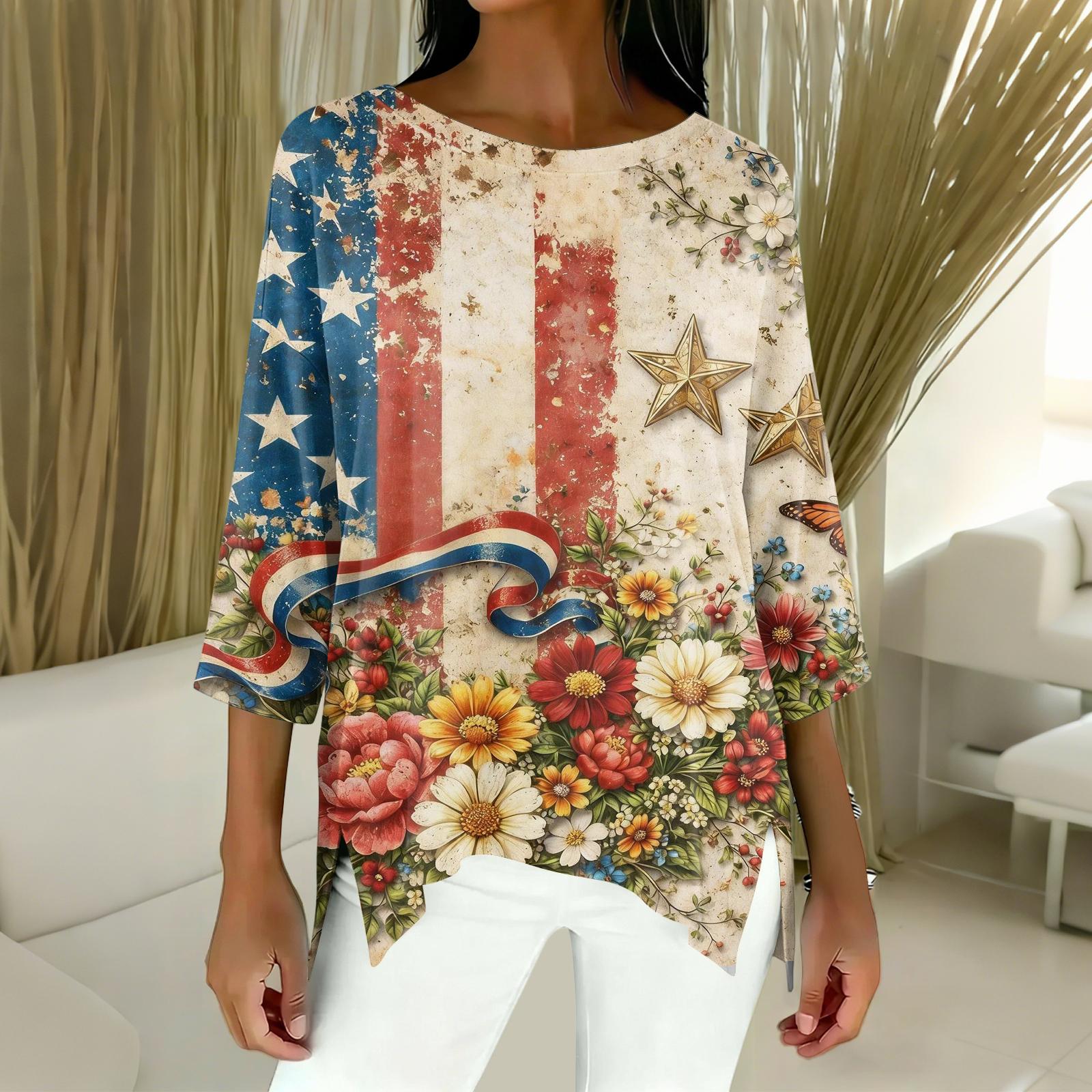 Women s Fashion Independence Day Print Three-Quarter Sleeve Top L