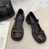 2025 French Mary Jane High Heels New Bow Leather Shoes Round Toe British Style Women's Shoes Comfortable Buckle Pumps