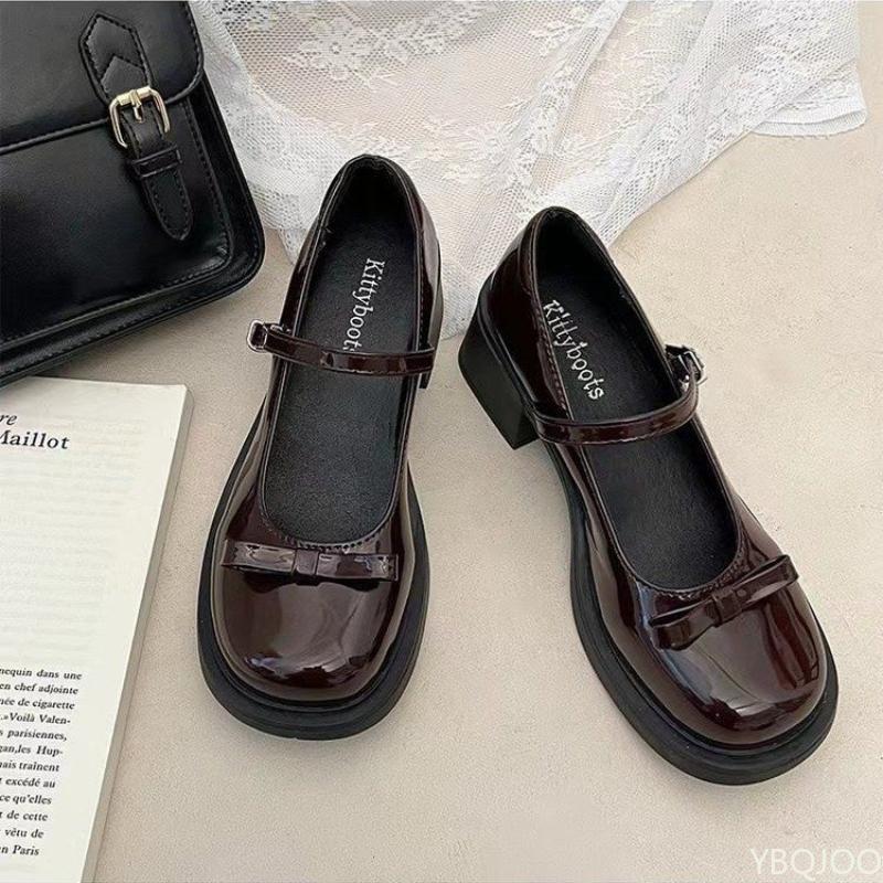 2025 French Mary Jane High Heels New Bow Leather Shoes Round Toe British Style Women's Shoes Comfortable Buckle Pumps