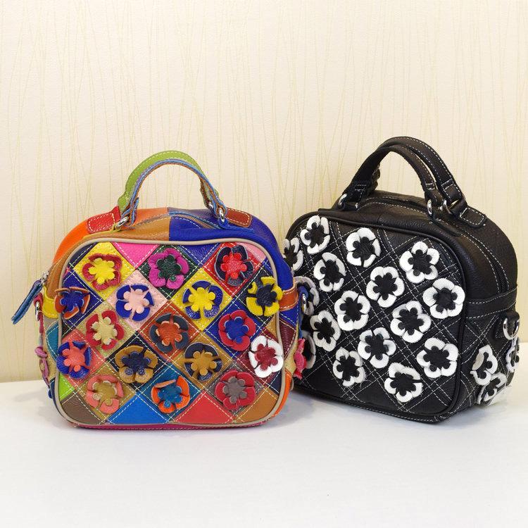 Leather Bag Fashion Personality Niche Colorful Flower First Layer Cowhide Women'S Handbag Shoulder Bag