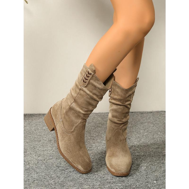 2025 Winter New Suede British Style Mid-Top Boots Women's Plus Size Pleated Pointed Stack Boots