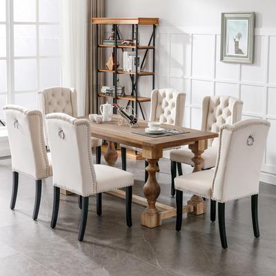 Juego de 6 Sillas de Comedor de Terciopelo con Patas de Roble, Botones, Martillo Cromado y Tachuelas, Silla de Dormitorio, Silla de Cocina, Sillón de Sala de Estar, Beige