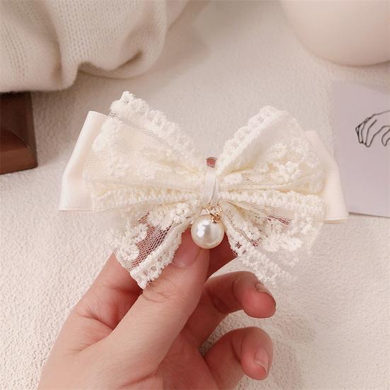 Hair Tie Ribbon Lace Bowknot Decor Imitation Pearl Pendant High Elastic Rubber Band Hair Rope Hair Accessories