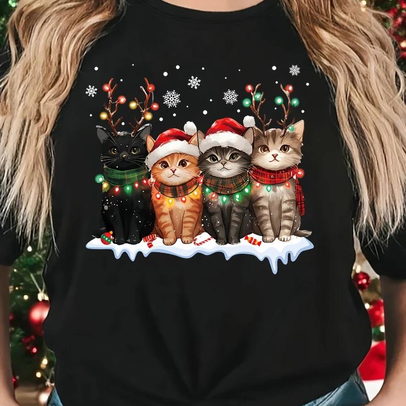 Summer Christmas Cute Cat Printed Tshirt for Women Summer Short Sleeve Round Neck Casual Women Tshirts Tops Clothing