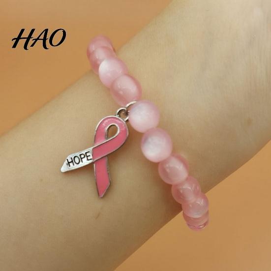 Inspirational Hope Engraved Jewelry Breast Cancer Awareness Bracelets for Women, Ribbon Women Charity Event Souvenir Charm Beaded Elastic Bracelet,