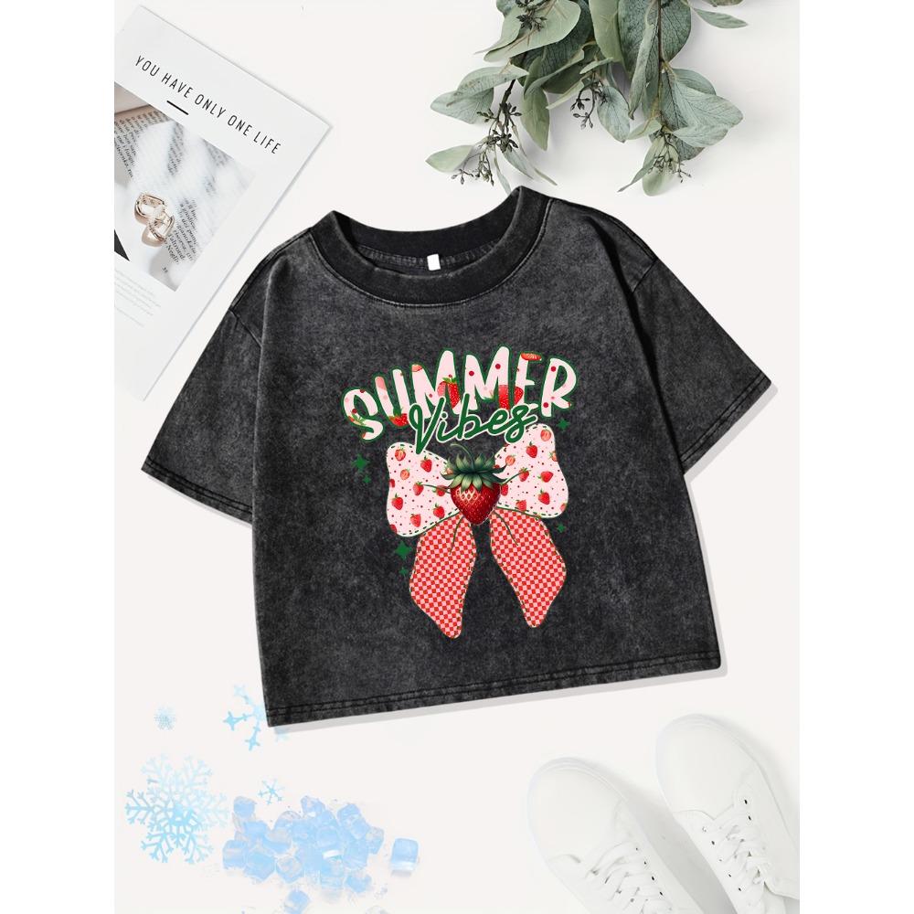 Casual Cotton Crop Tops Womens Summer Vibes Strawberry Prints Washed T-Shirts Distressed  Fit Tees Street Clothes