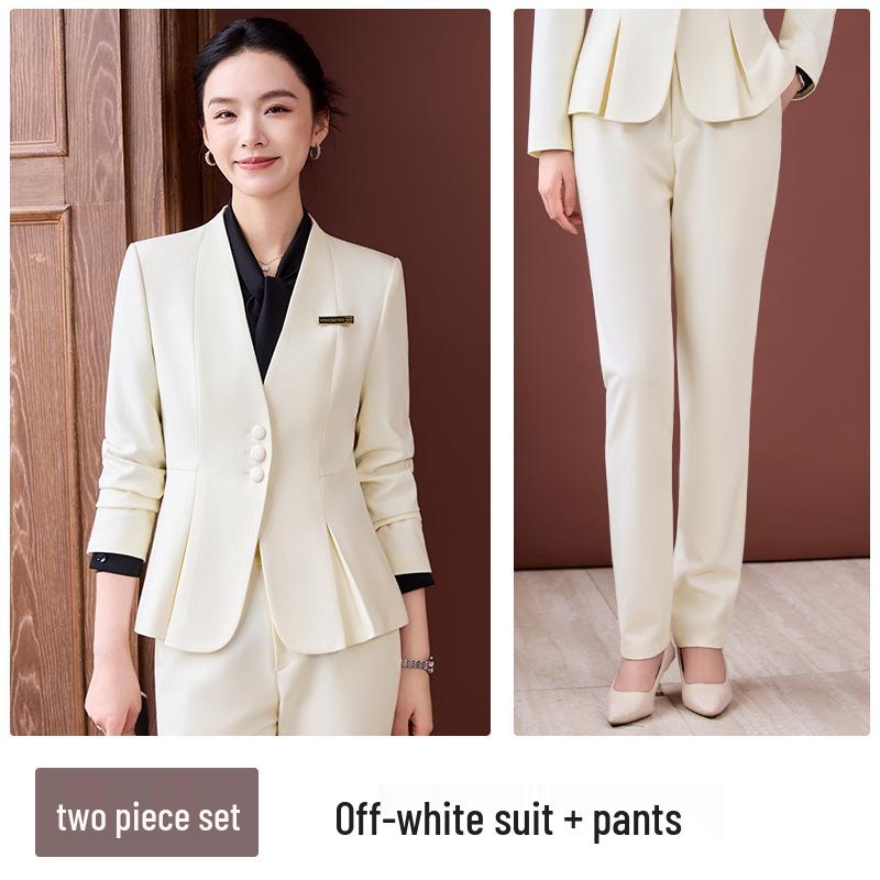 Elegant Collarless Women's Suit Set for Hotel Manager & Receptionist Spring/Autumn Workwear
