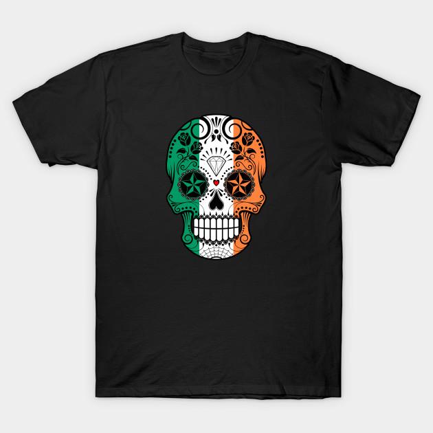 Men Black Print T-shirt Irish Flag Sugar Skull With Roses No-Cut Transfer Paper Print Cotton Tshirt 2XL чёрный