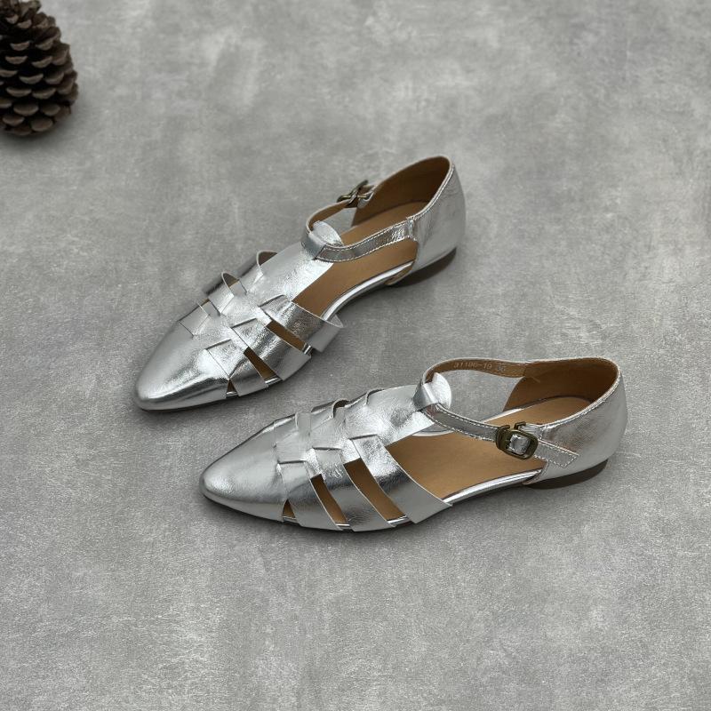 Johnature Handmade Genuine Leather Pointed Toe Sandals Retro Hollow Buckle Woven Cowhide Women's Shoes