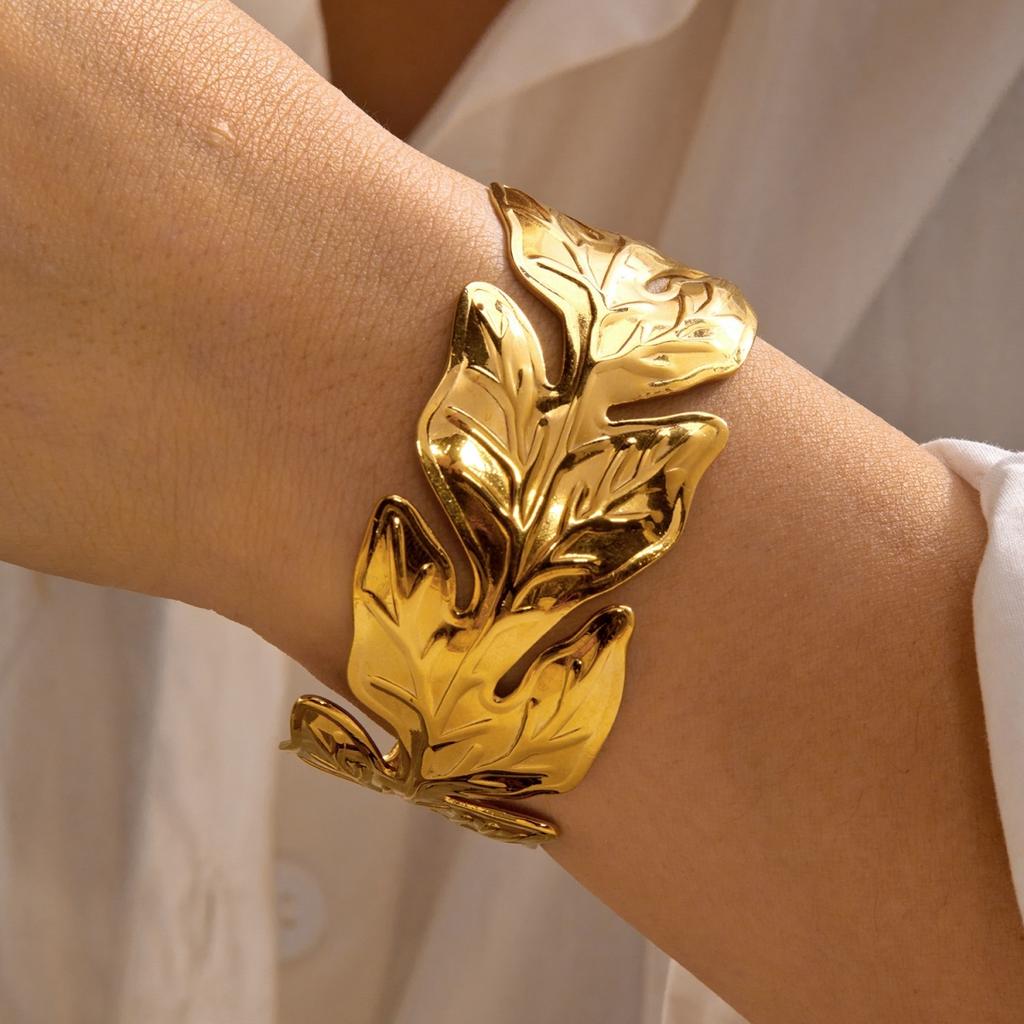 Stainless Steel Double Line Leaf Multilayer Knot Twisted Cuff Bracelets For Women Men Punk Geometric Feather Open Bangle Jewelry