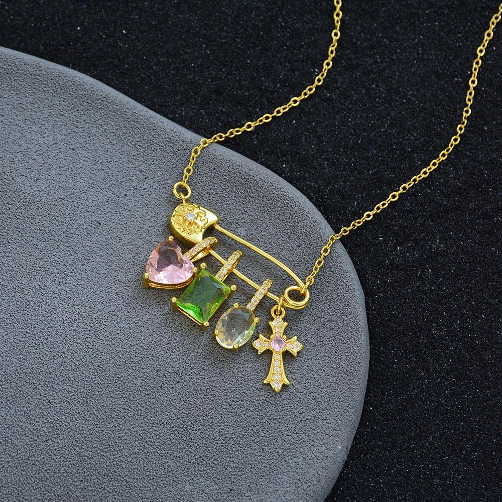 Sweet Cool Wind Love Pink Diamond Cross Necklace Green Zircon Paper Clip Clavicle Chain Women S Candy Color Neck Chain Accessories