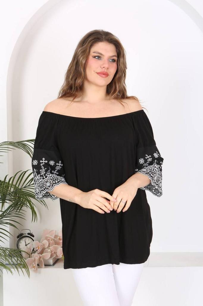 Damen Bluse in Übergröße Plus Size Bluse mit bestickten Ärmeln Schwarz