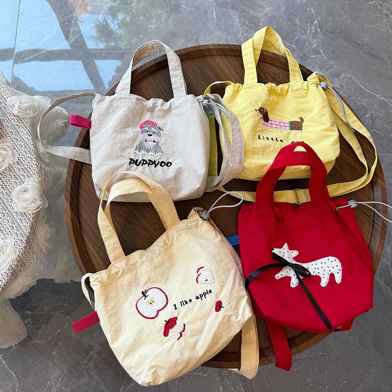 Cute Embroidery Women'S Drawstring Shoulder Bag Cartoon College Girls Book Tote Shopping Bags Large Capacity Female Handbags