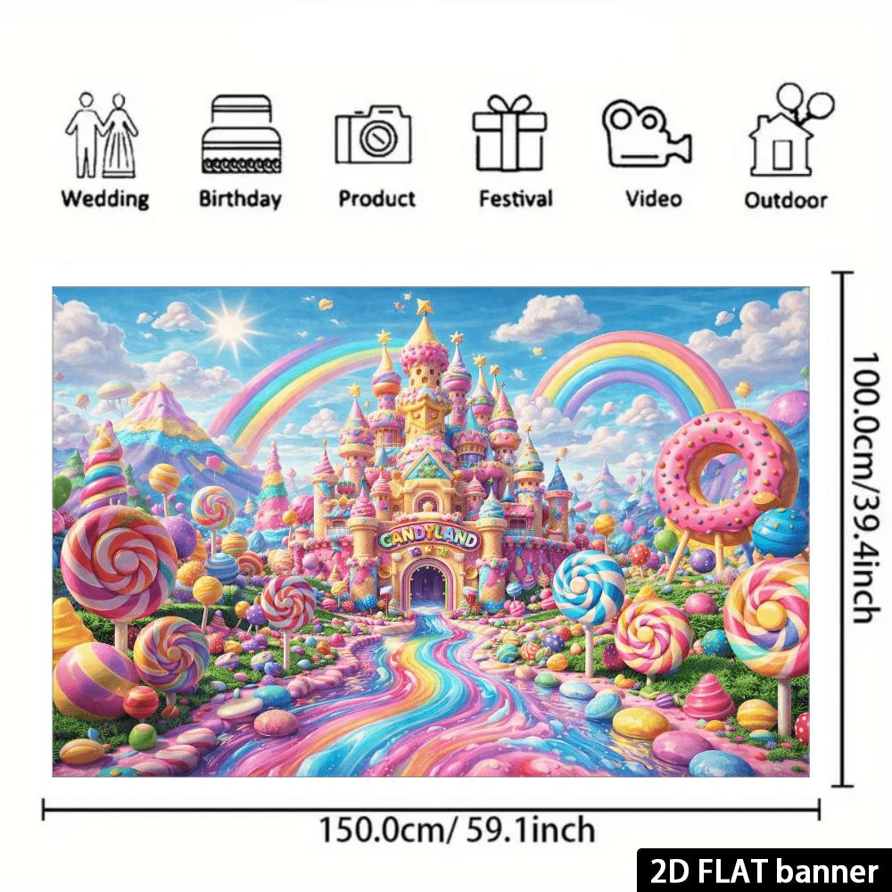 2D Plane Candy Castle Background Fabric - Double Rainbow Doughnut Theme - Wall Decoration - Multi-functional Celebration Items