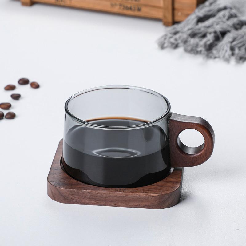 200ml American Latte Glass Coffee Mug With Wooden Tray Handle High Borosilicate Milk Tea Cup Fresh Ground Coffee Cup Set