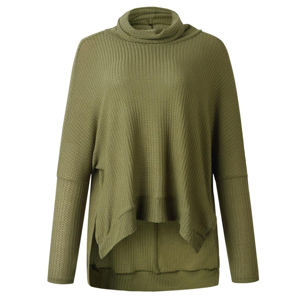 Women Solid Color Asymmetric Neck Long Sleeve Knitted Sweater