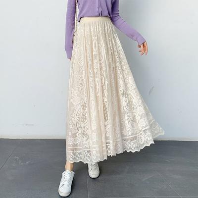 Women Lace Skirt Mid-length A-line Skirt Plus Size Summer Ruffled Elastic Waist Sandy Beach Vacation Daily