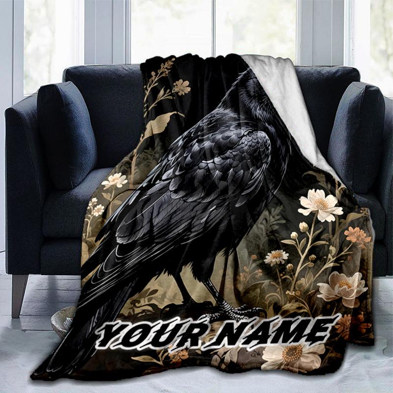 1PC Custom Name Raven Floral Garden Flannel Blanket Versatile,all-season Throw Suitable for the Living Room,bedroom,camping,travel,and Gift