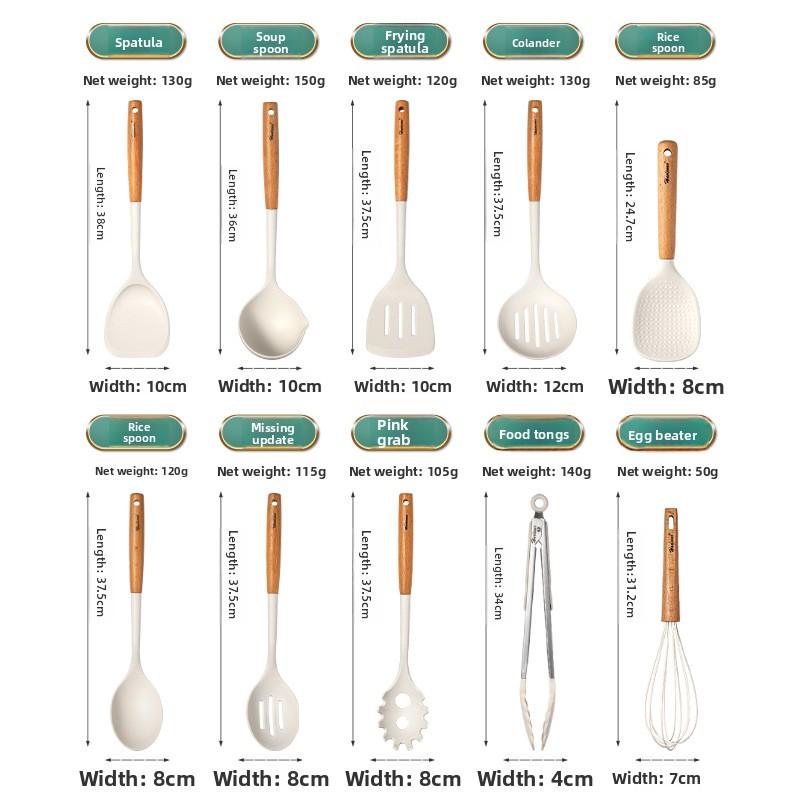 Large Beech Wood Handle Silicone Kitchen Utensils: Silicone Spatula, Spoon, and Stir-Fry Spatula Set for Non-Stick Pans