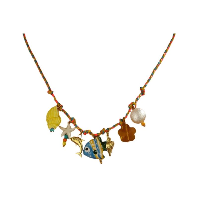 Braided Cord Shell Necklace Coastal Neckchain With Ceramic Ocean Details for Beach Vacation, Resort Wear and Casual Use