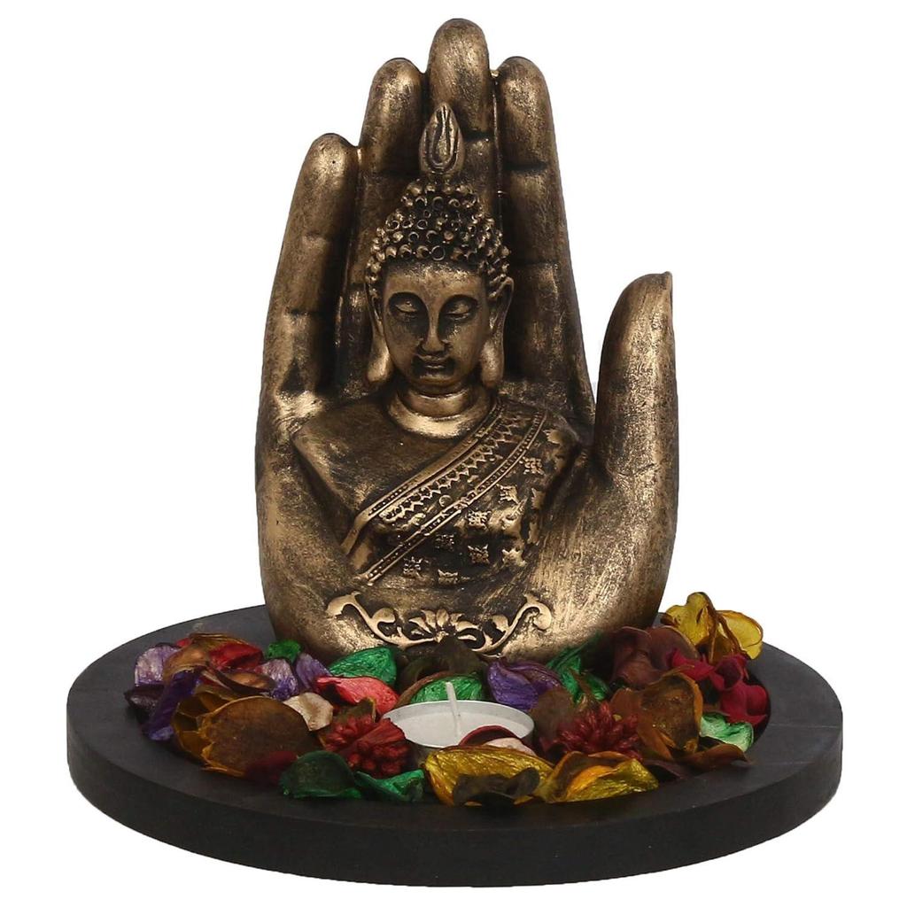 Copper Finish Handcrafted Palm Buddha Decorative Showpiece with Wooden Base, Fragranced Petals and Tealight