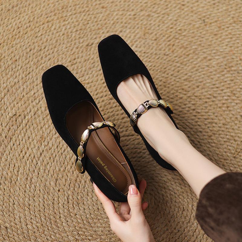 New Four-season Wear High-heeled Small Leather Shoes Comfortable Leather Large-size Single Shoes Women's Square Head Beef Tendon Sole Suede Cowh