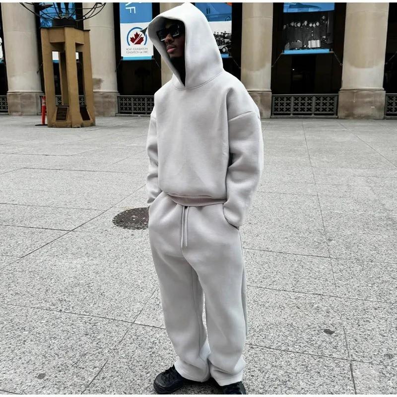 2026 Unisex High Street Fleece Hoodie Sweatshirt Sweatpants Set Loose Fit Men Women