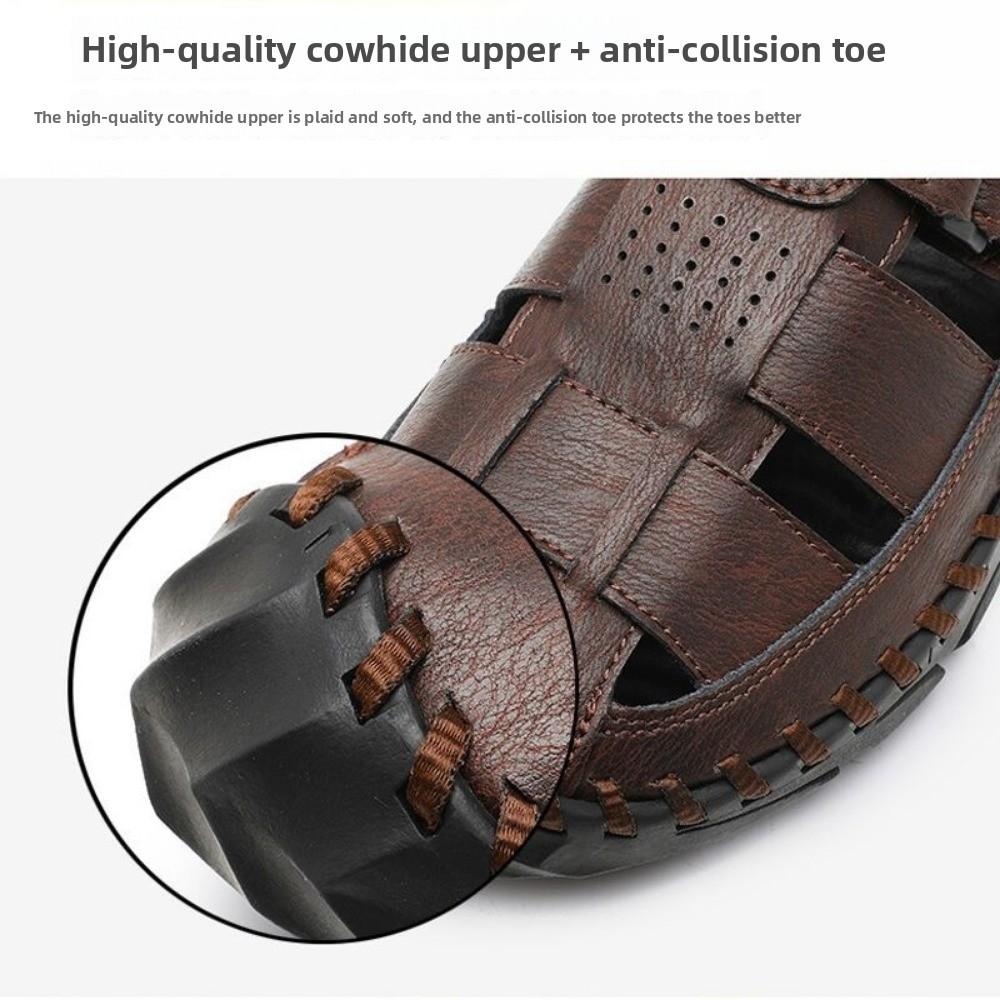 Mens Genuine Leather Sandals Breathable Outdoor Summer Casual Perforated Beach Shoes