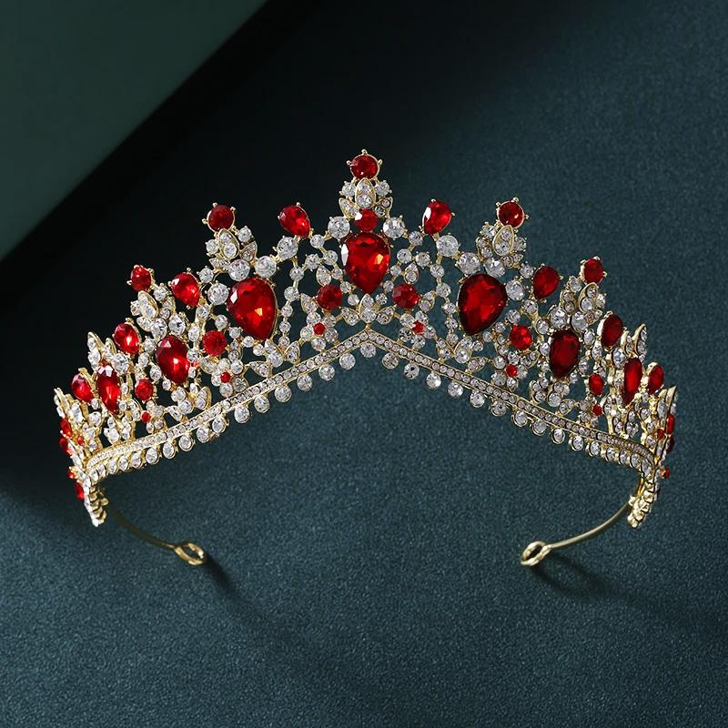 

Baroque Gold Color Red Crystal Tiaras And Crowns Rhinestone Bridal Diadem Crown Tiara For Women Wedding Hair Accessories Jewelry