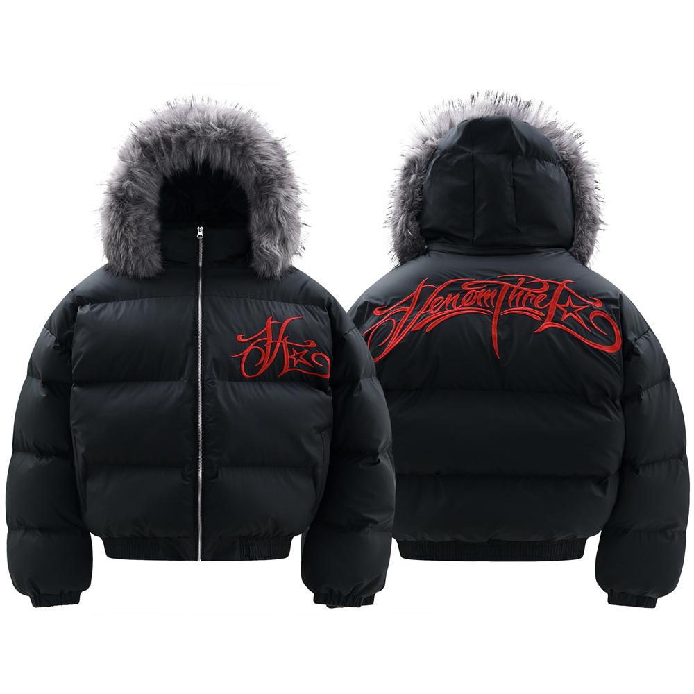 Guochao Men's Hong Kong Style Cotton Jacket with Hood, Fur Collar & Embroidery - Trendy, Loose Fit Outerwear for Boys