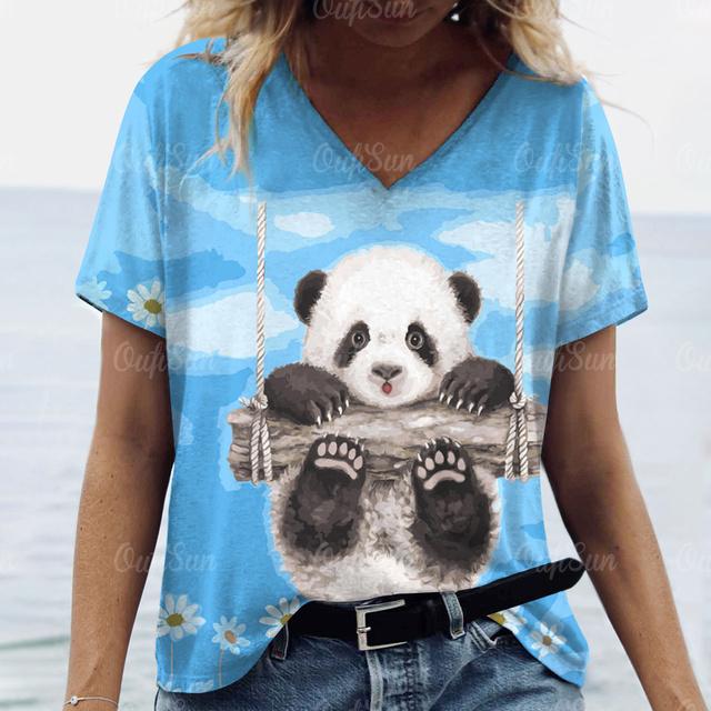 Oversize Women's Clothing Tshirt Cute Panda Woman Clothing Casual V-Neck Short Sleeve T-Shirts Pullover Trend Summer Streetwear