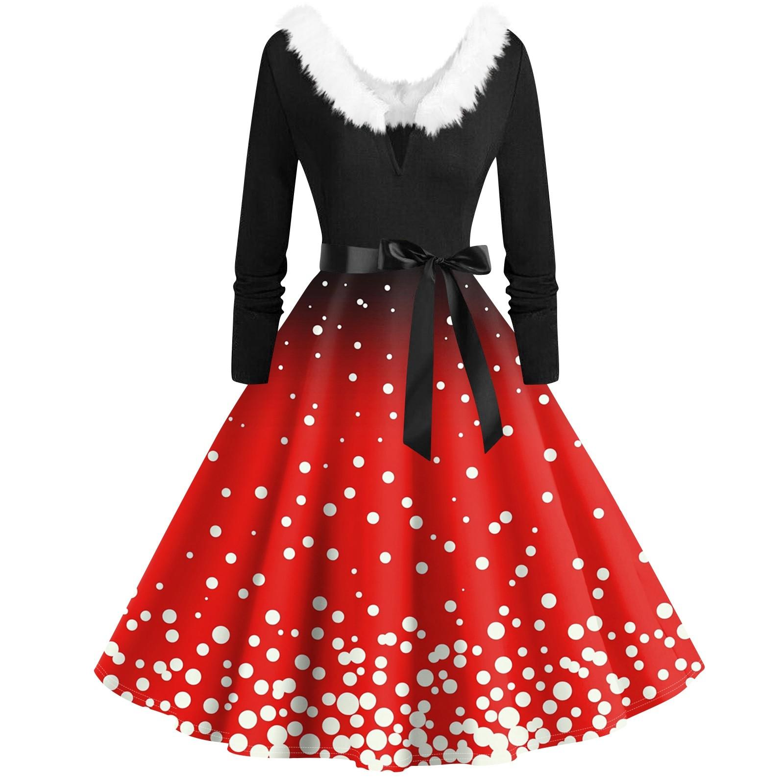 

Женское повседневное и модное платье с длинными рукавами и V-образным вырезом с рождественским принтом на молнии XL киноварь