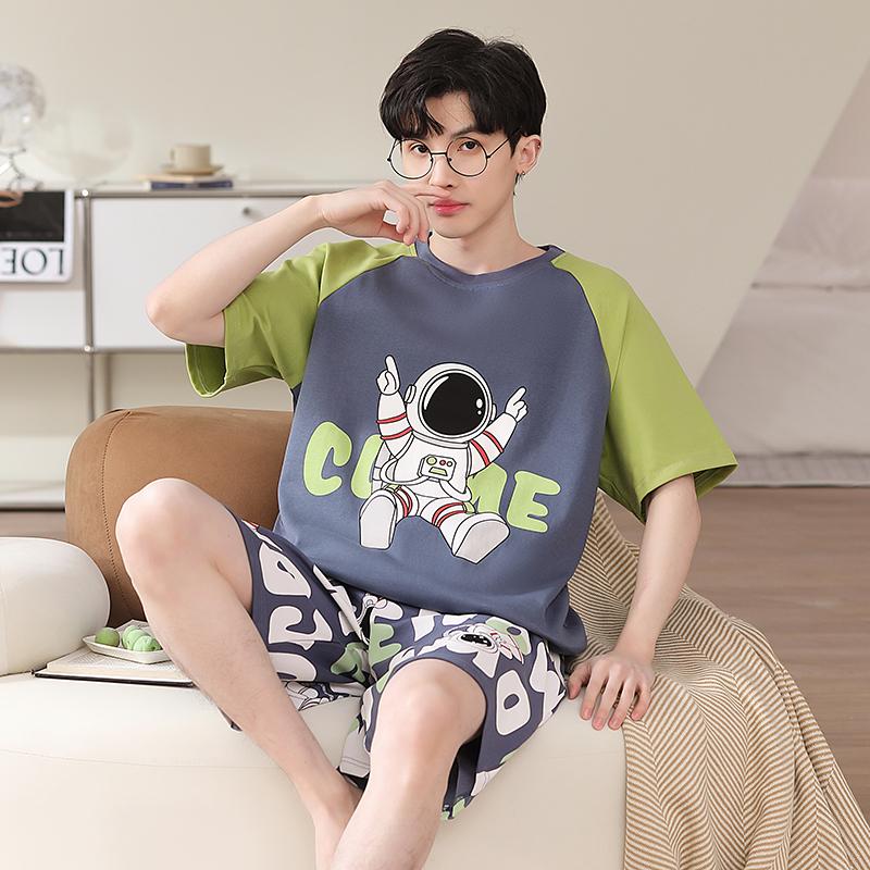 Sommer-Pyjama-Set für Herren mit süßem Cartoon-Print, Kurzarm-Oberteile und Shorts, Nachtwäsche, Loungewear, Studenten, zweiteilig, Nachtwäsche für Jugendliche und Jungen, Homewear für Männer