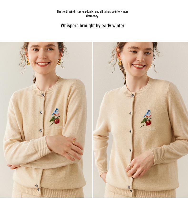 Women's Cashmere Round-Neck Sweater Cardigan - Loose, Cozy Autumn/Winter Knitwear.