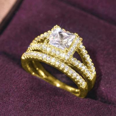 Huitan Luxury 2Pcs/Set Wedding Rings for Women Stylish Princess Square CZ Finger Accessories Gold Color/Zinc Alloy Color Zircon