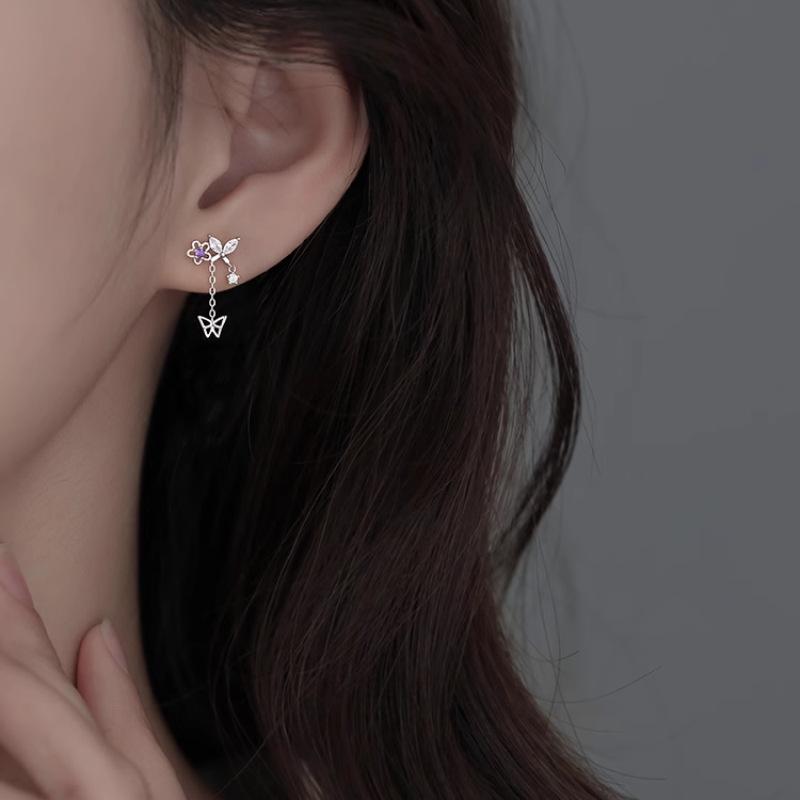 925 Silver Zircon Flower Earring for Women Girl Gift Butterfly Tassels Hollowing Out Jewelry