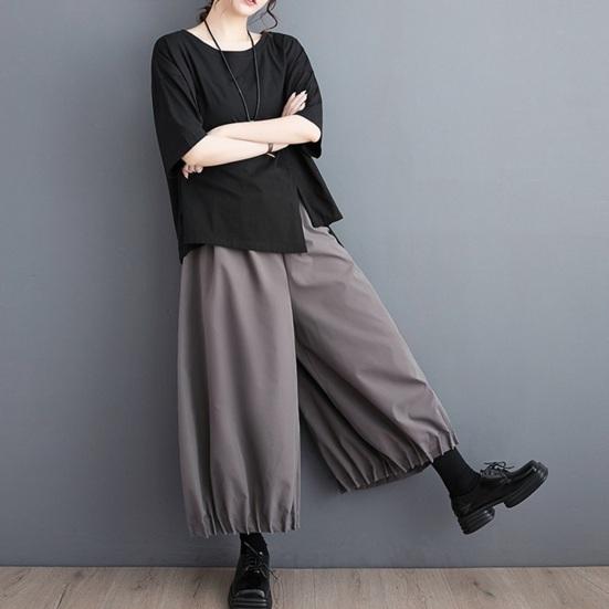 Women Bloomer Elastic High Waist Wide Leg Trousers with Pockets Solid Color Loose Fit Casual Pants Work Travel Daily Wear