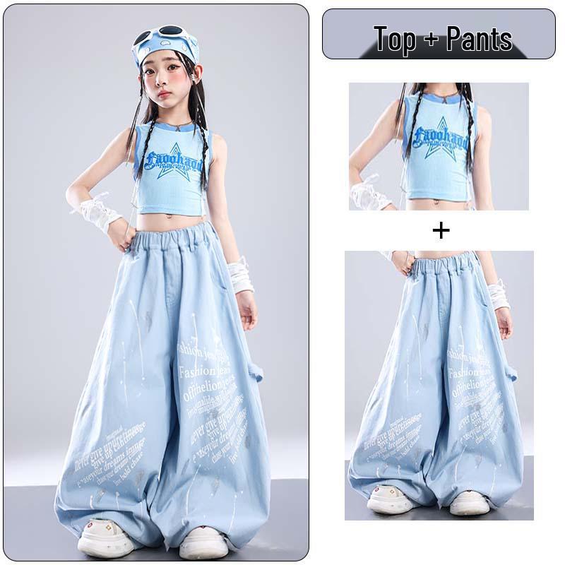 Trendy Blue Jazz Dance Costumes for Girls - Fashionable Performance Outfits for Children's Fashion Shows