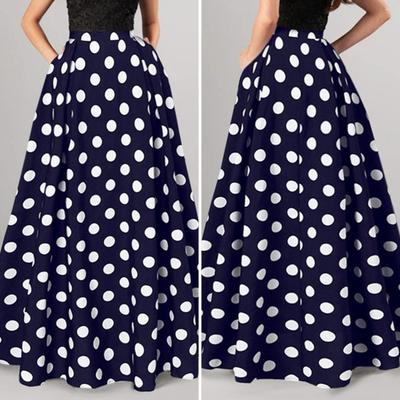 Women Maxi Skirt High Waist Color Matching Dot Print Retro A-line Big Hem Side Pockets Loose Full Length Soft Elastic Waist Lady Prom Party Long Skirt